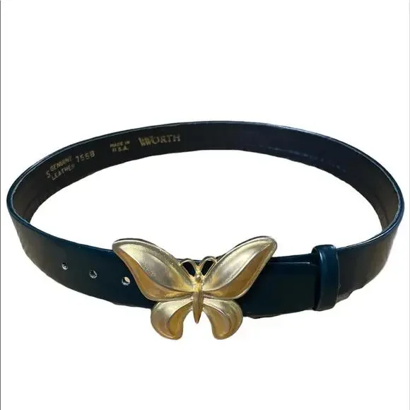 Vintage Made in the USA black leather butterfly belt sz small NWOT - Picture 1 of 4